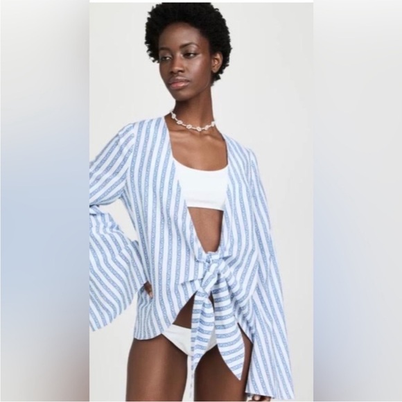 CAROLINE CONSTAS Dune Coverup in White & Blue Toile Stripe Sz XXS
